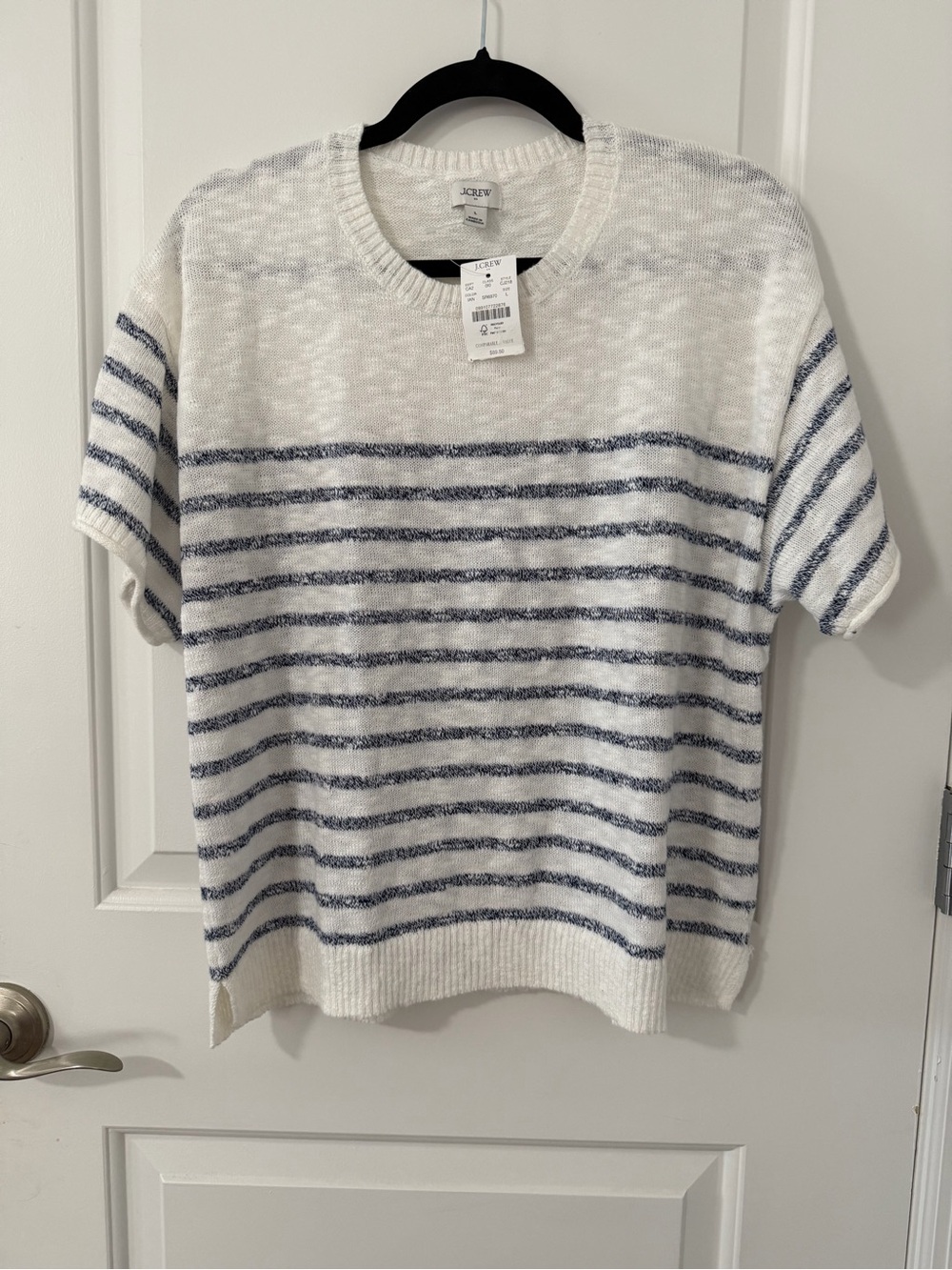 J. Crew Men's Crewneck Short Sleeve Striped Sweater - White & Navy